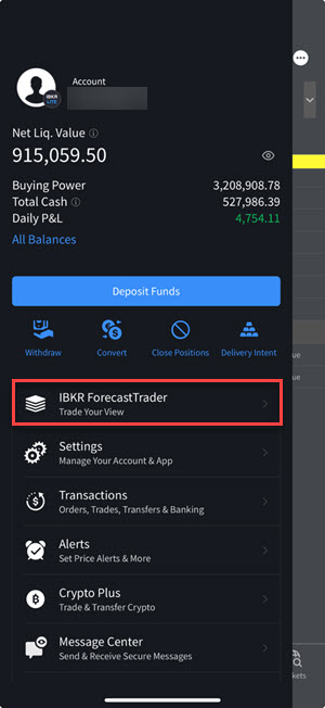 The IBKR ForecastTrader button on the iPhone. 